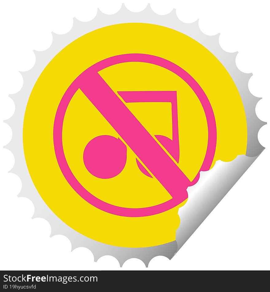 circular peeling sticker cartoon of a no music sign