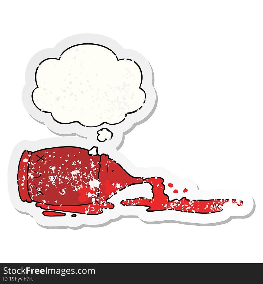 cartoon spilled bottle and thought bubble as a distressed worn sticker