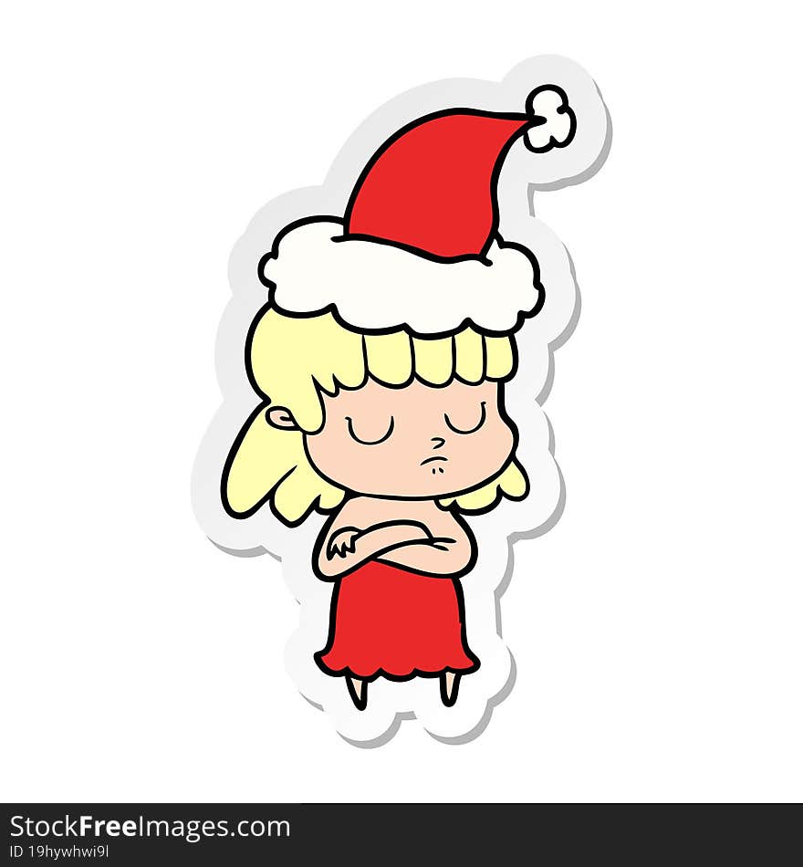 sticker cartoon of a indifferent woman wearing santa hat