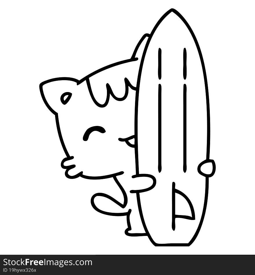 line doodle of a cute cat with a surfboard. line doodle of a cute cat with a surfboard