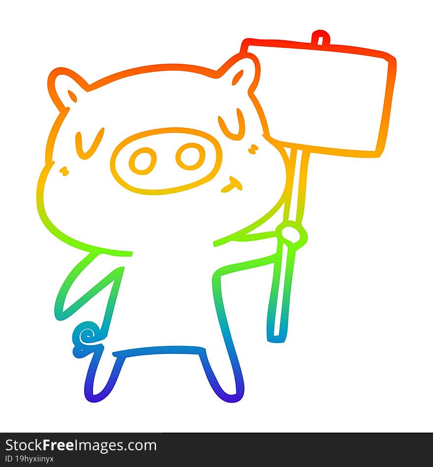 rainbow gradient line drawing of a cartoon content pig signpost;sign