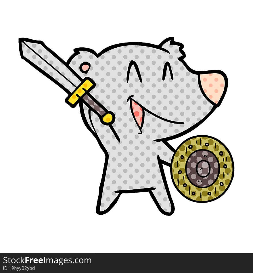 laughing bear cartoon with sword and shield. laughing bear cartoon with sword and shield