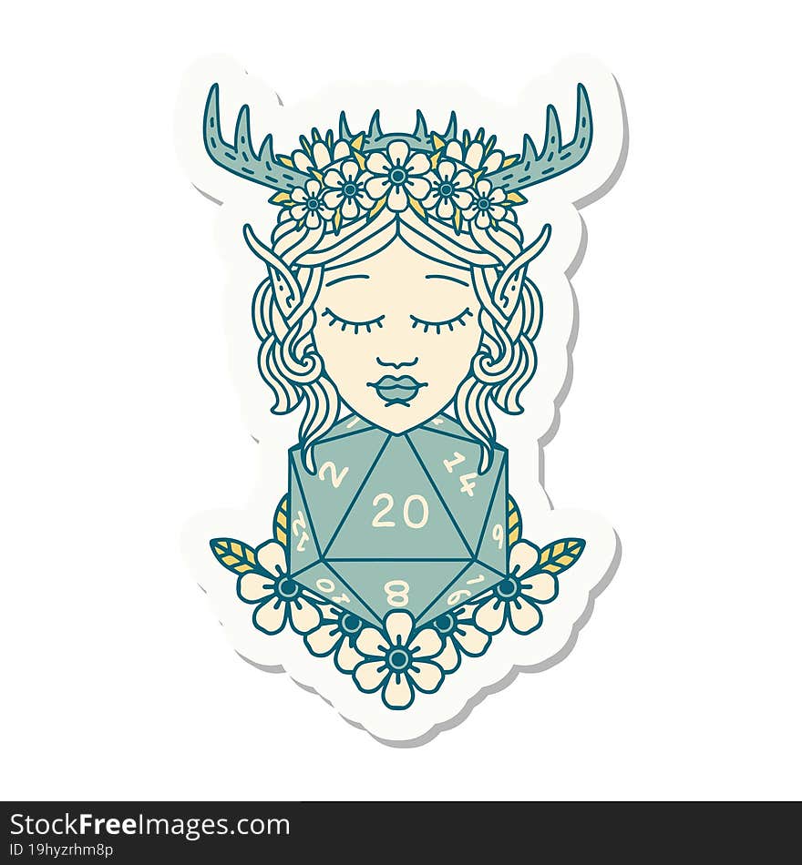 Elf Druid Character With Nautral Twenty Dice Roll Sticker