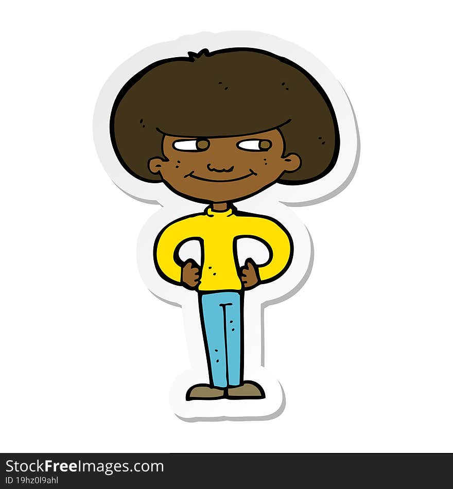 sticker of a cartoon boy with hands on hips