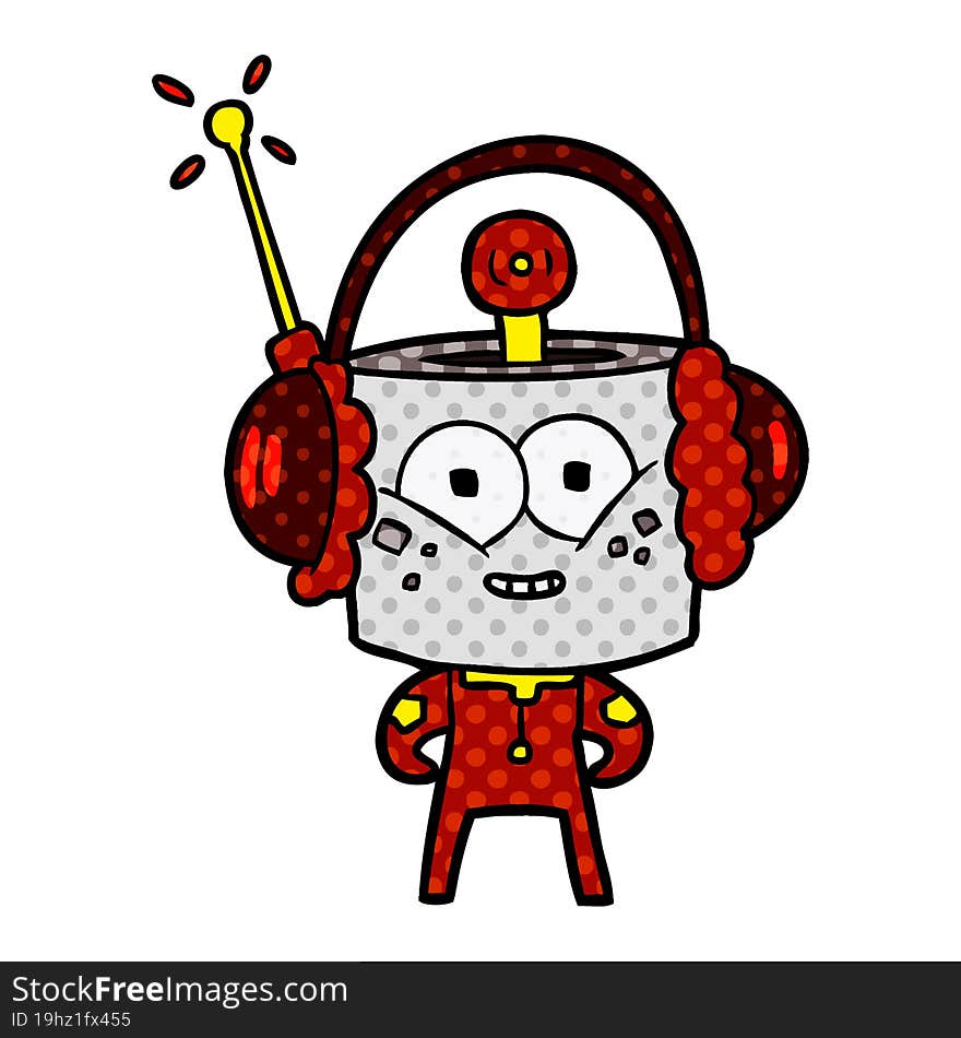 happy cartoon robot wearing headphones. happy cartoon robot wearing headphones