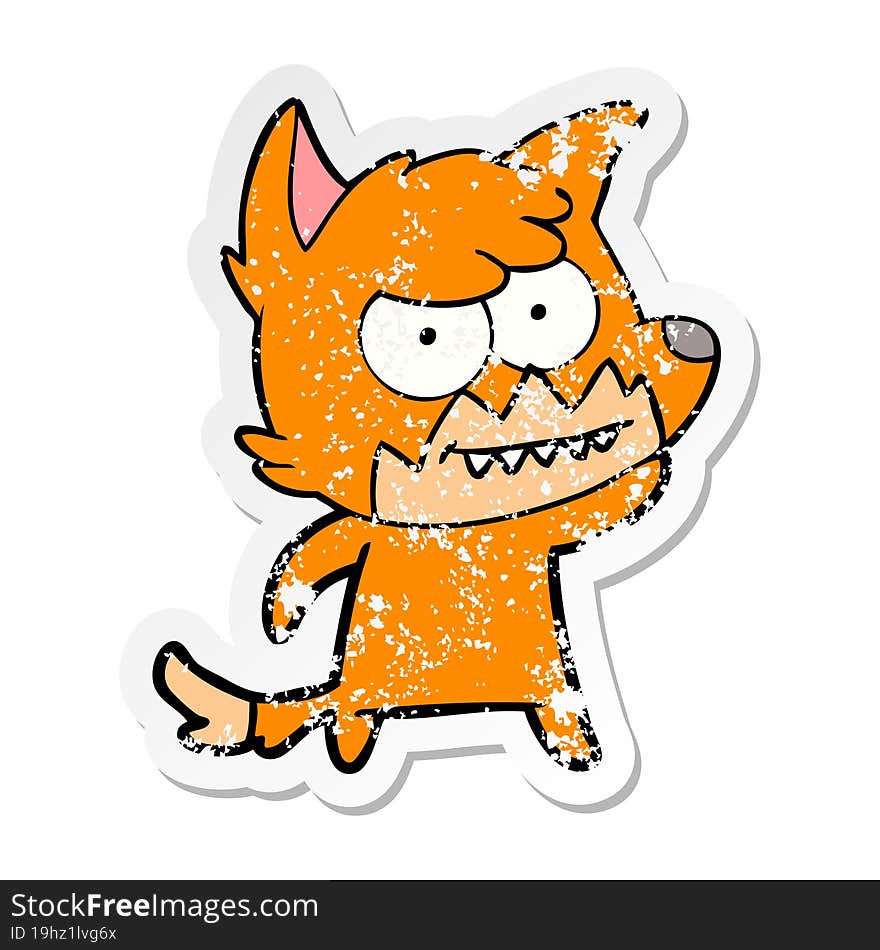 distressed sticker of a cartoon grinning fox