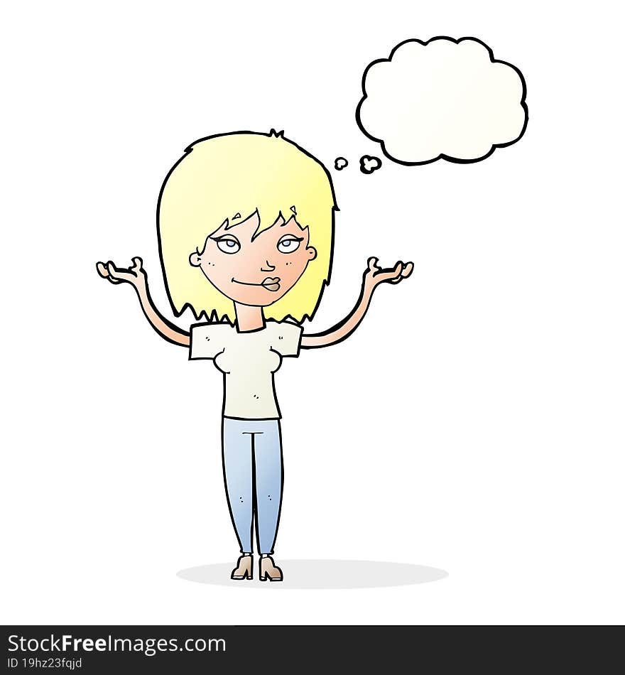 cartoon woman shrugging with thought bubble