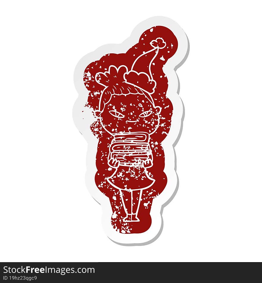 Cartoon Distressed Sticker Of A Woman Wearing Santa Hat