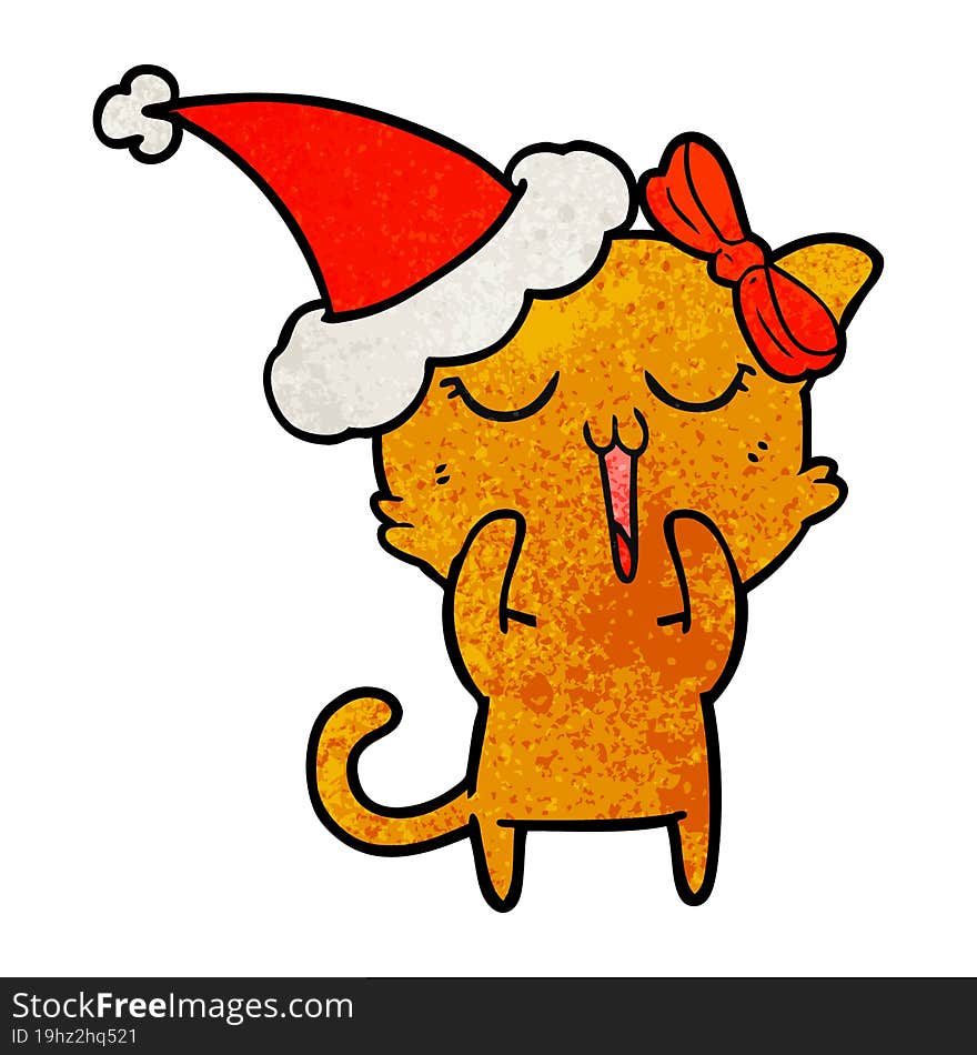 textured cartoon of a cat wearing santa hat