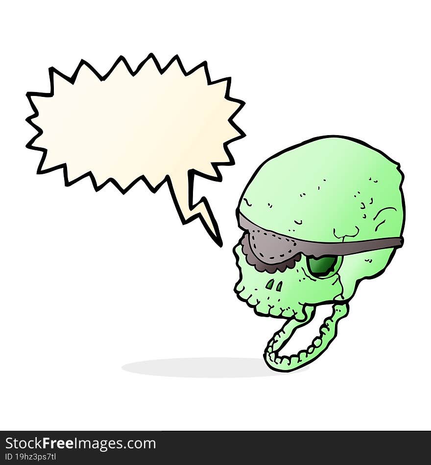 cartoon spooky skull with eye patch with speech bubble