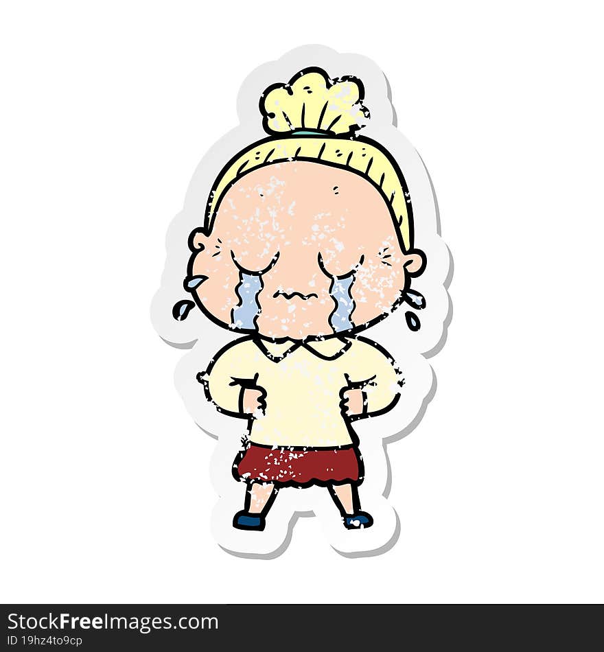 distressed sticker of a cartoon crying old lady