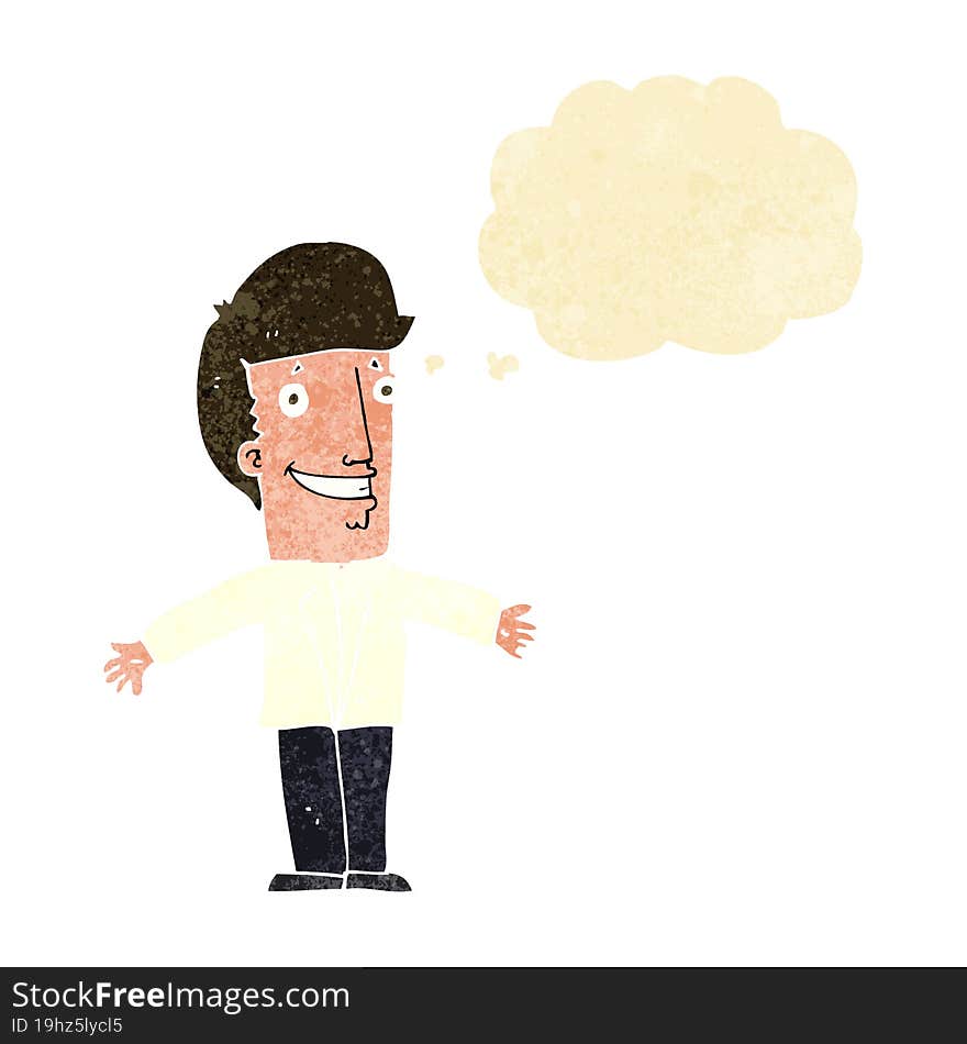 cartoon grining man with open arms with thought bubble