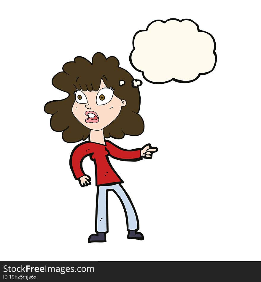 cartoon worried woman pointing with thought bubble