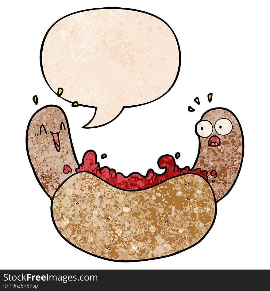 cartoon hotdog and speech bubble in retro texture style