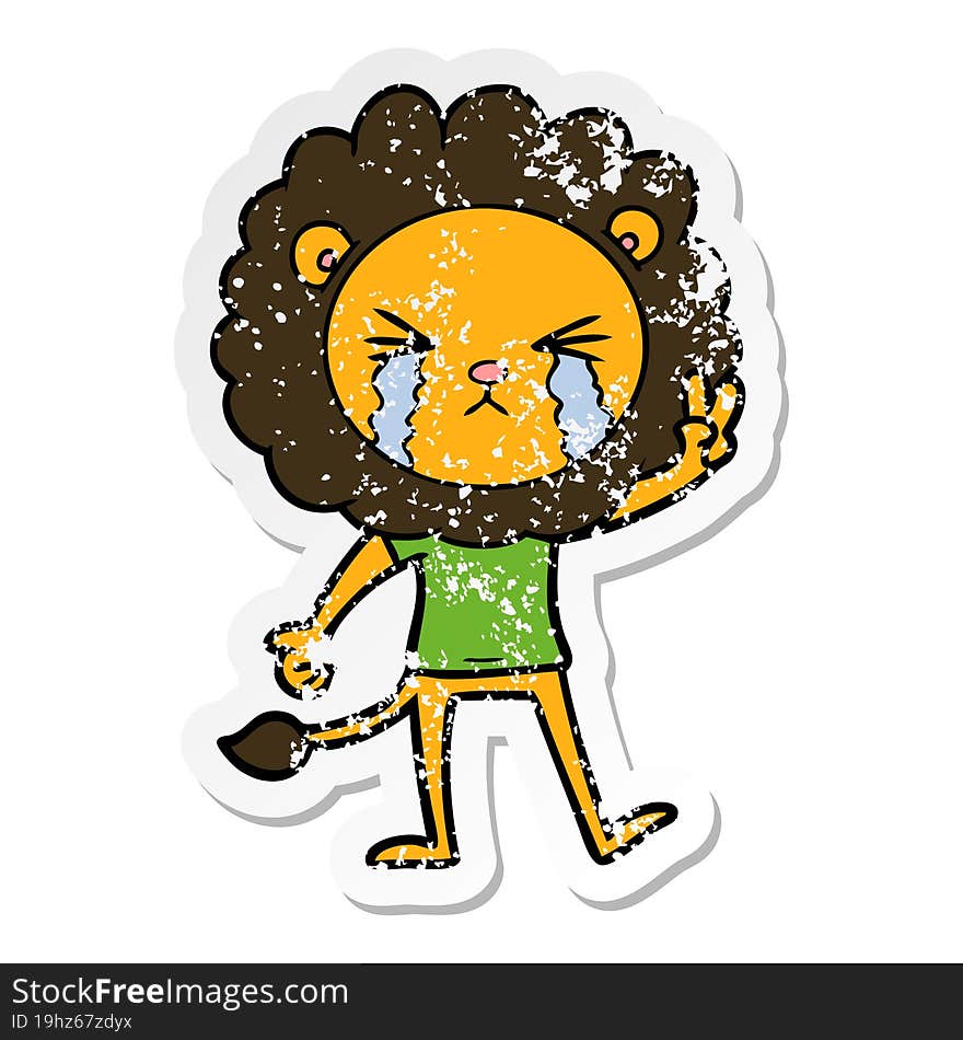 distressed sticker of a cartoon crying lion giving peace sign