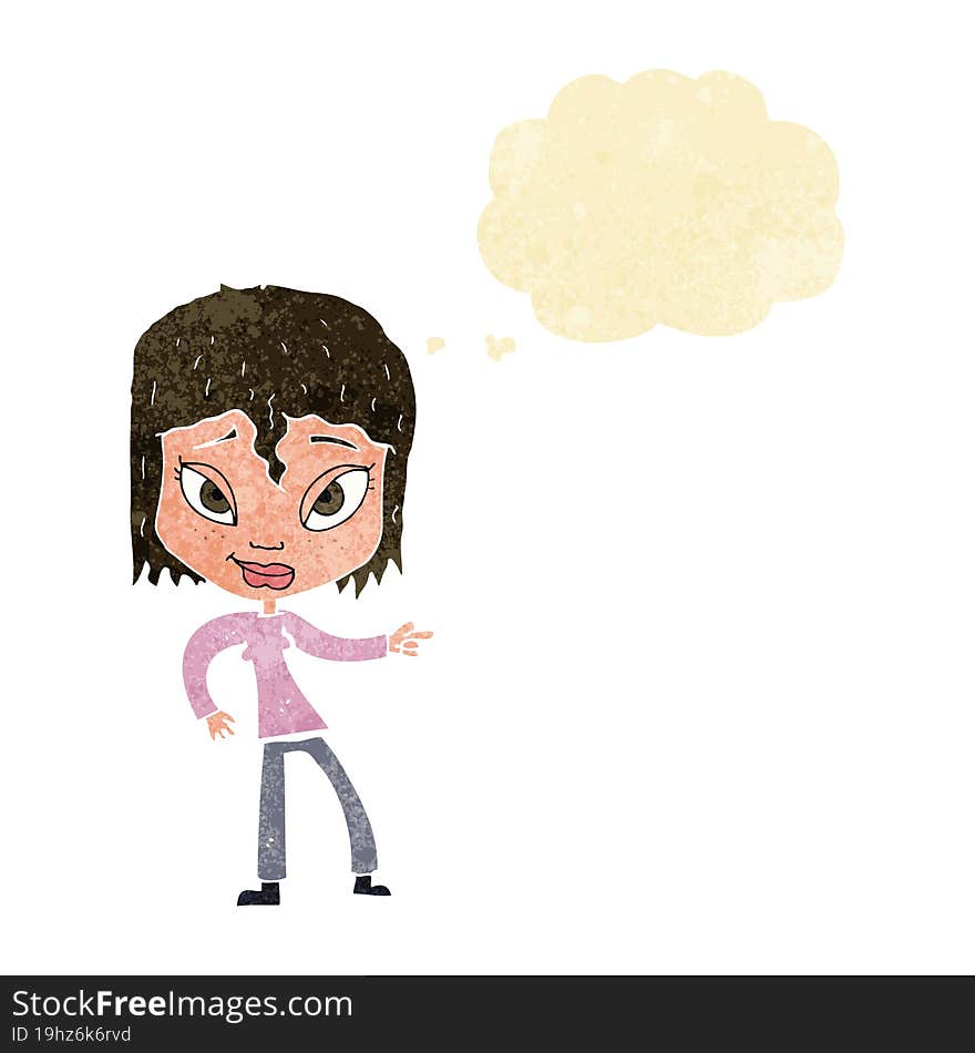 cartoon relaxed woman pointing with thought bubble