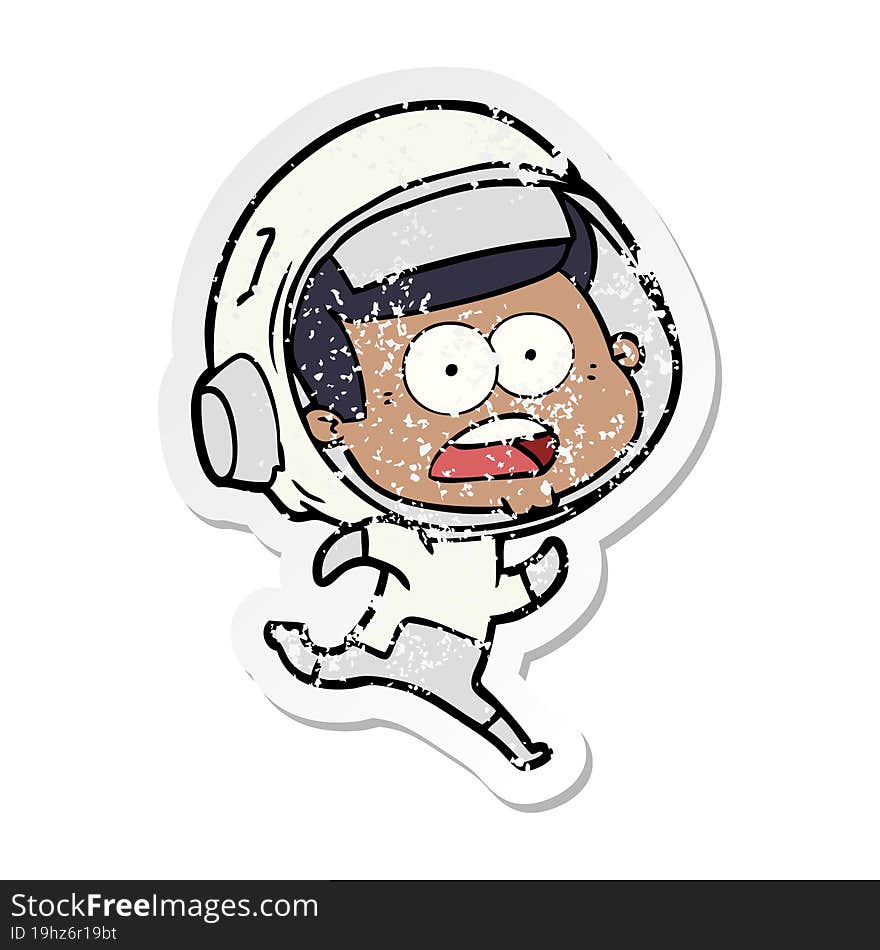 Distressed Sticker Of A Cartoon Surprised Astronaut