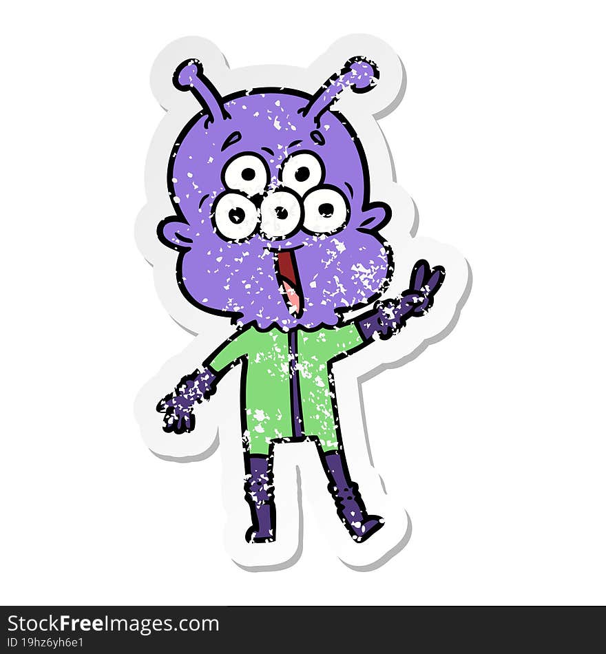 distressed sticker of a happy cartoon alien waving peace gesture