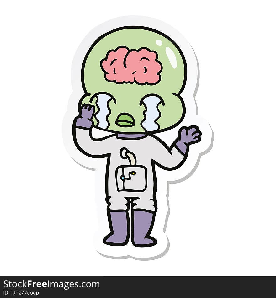 sticker of a cartoon big brain alien crying