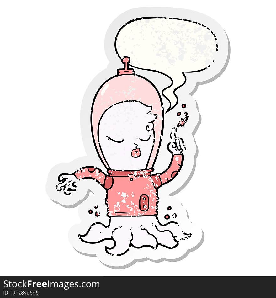 cute cartoon alien with speech bubble distressed distressed old sticker. cute cartoon alien with speech bubble distressed distressed old sticker