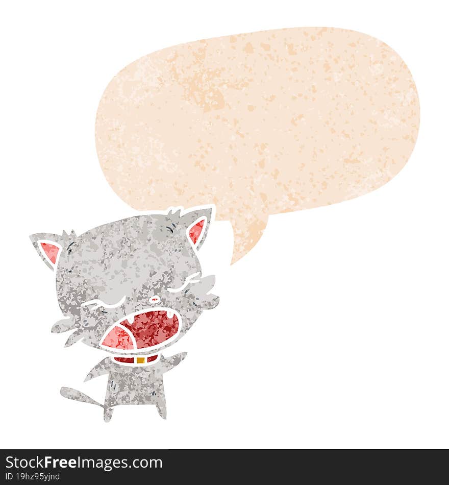 Cartoon Cat Talking And Speech Bubble In Retro Textured Style