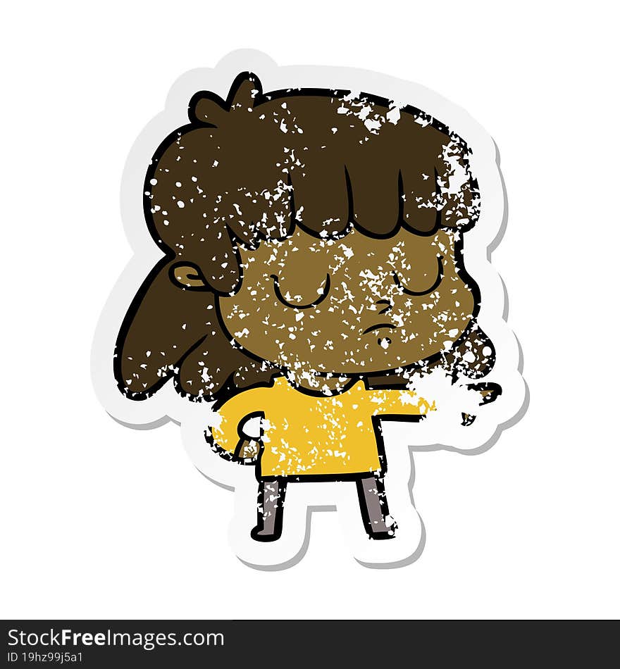 Distressed Sticker Of A Cartoon Indifferent Woman;pointing