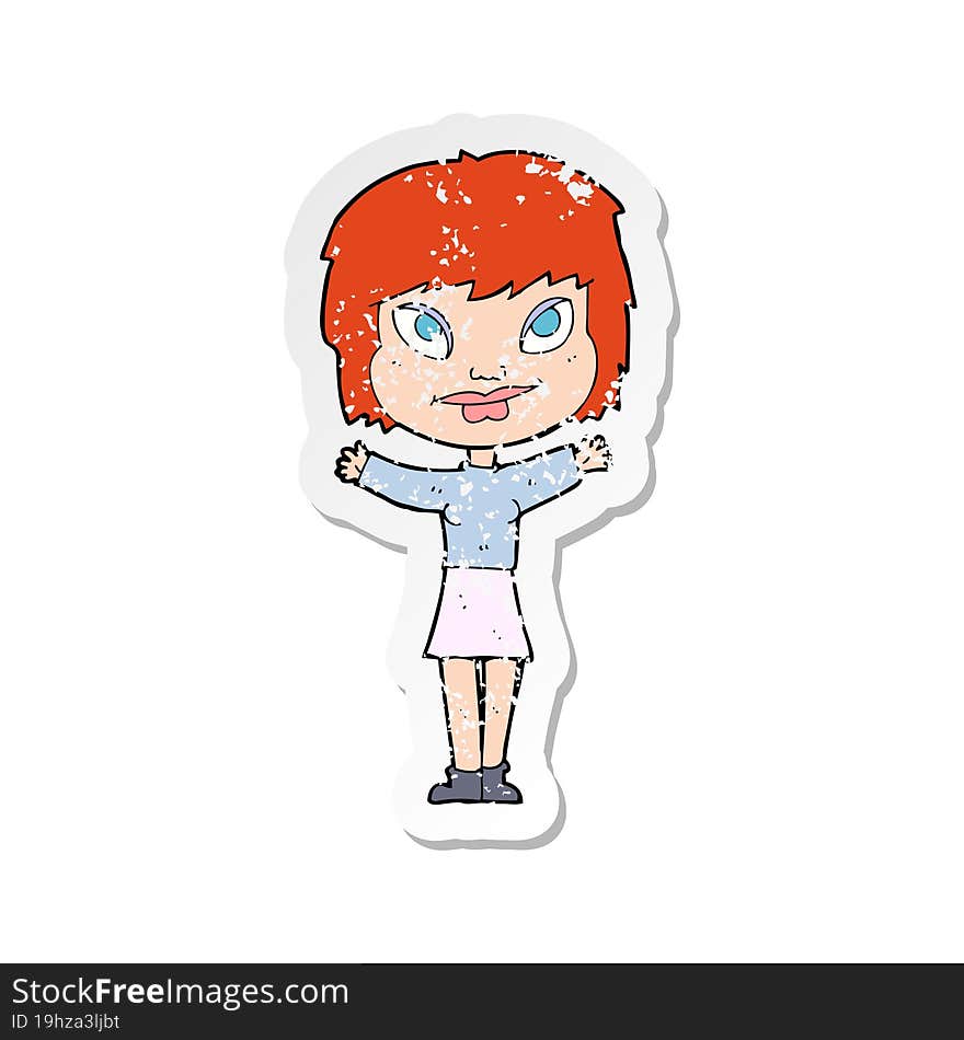 retro distressed sticker of a cartoon woman waving arms