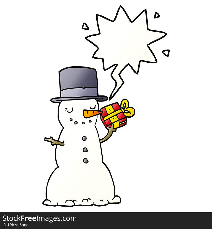 cartoon christmas snowman and speech bubble in smooth gradient style