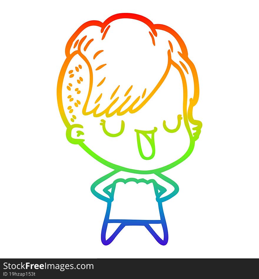 Rainbow Gradient Line Drawing Cute Cartoon Girl With Hipster Haircut