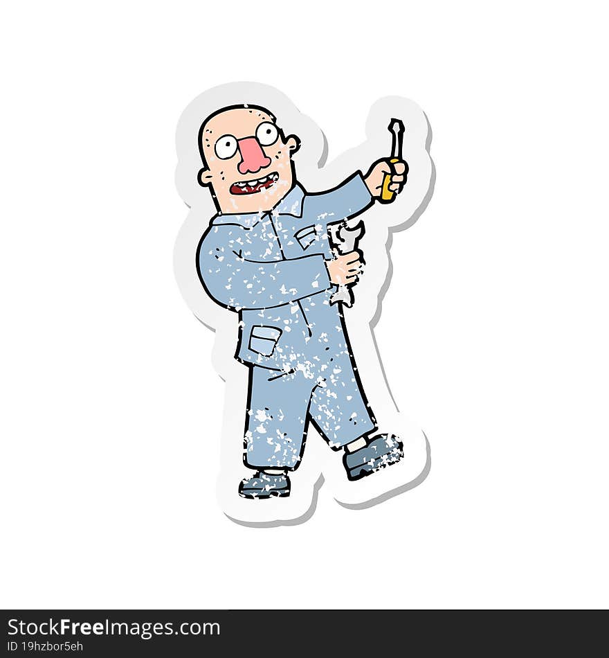 retro distressed sticker of a cartoon mechanic