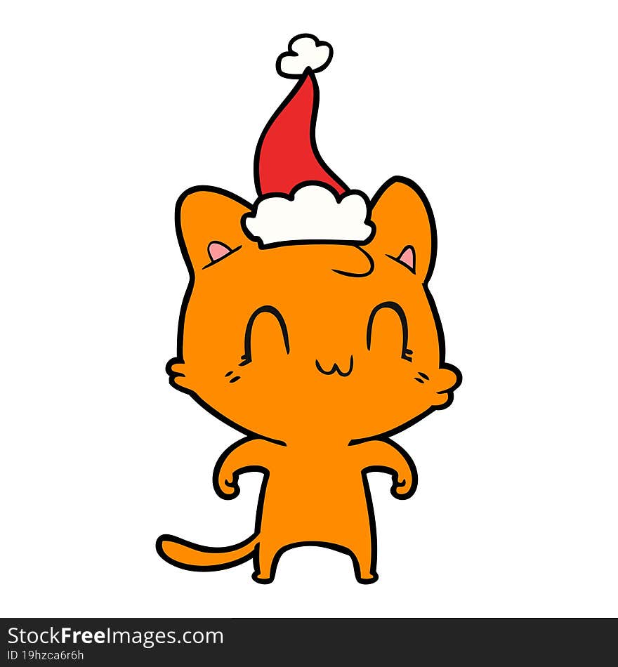 line drawing of a happy cat wearing santa hat