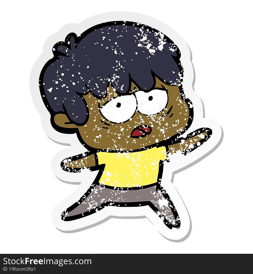 Distressed Sticker Of A Cartoon Exhausted Boy