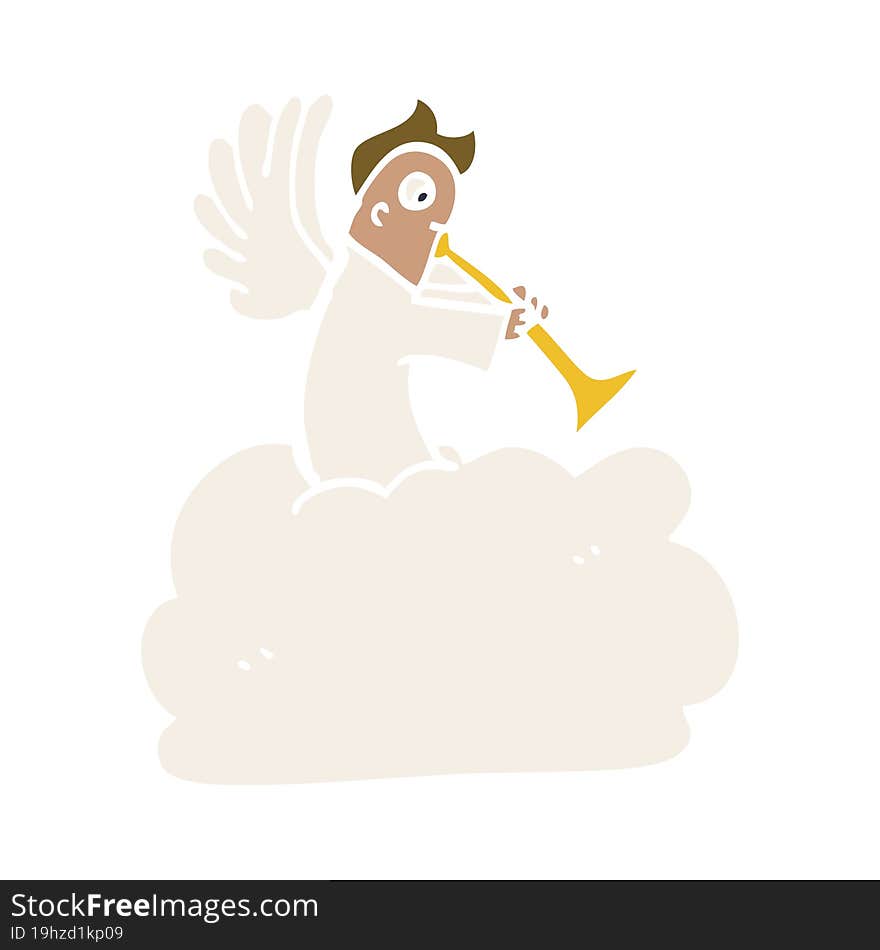 cartoon doodle angel on cloud with trumpet