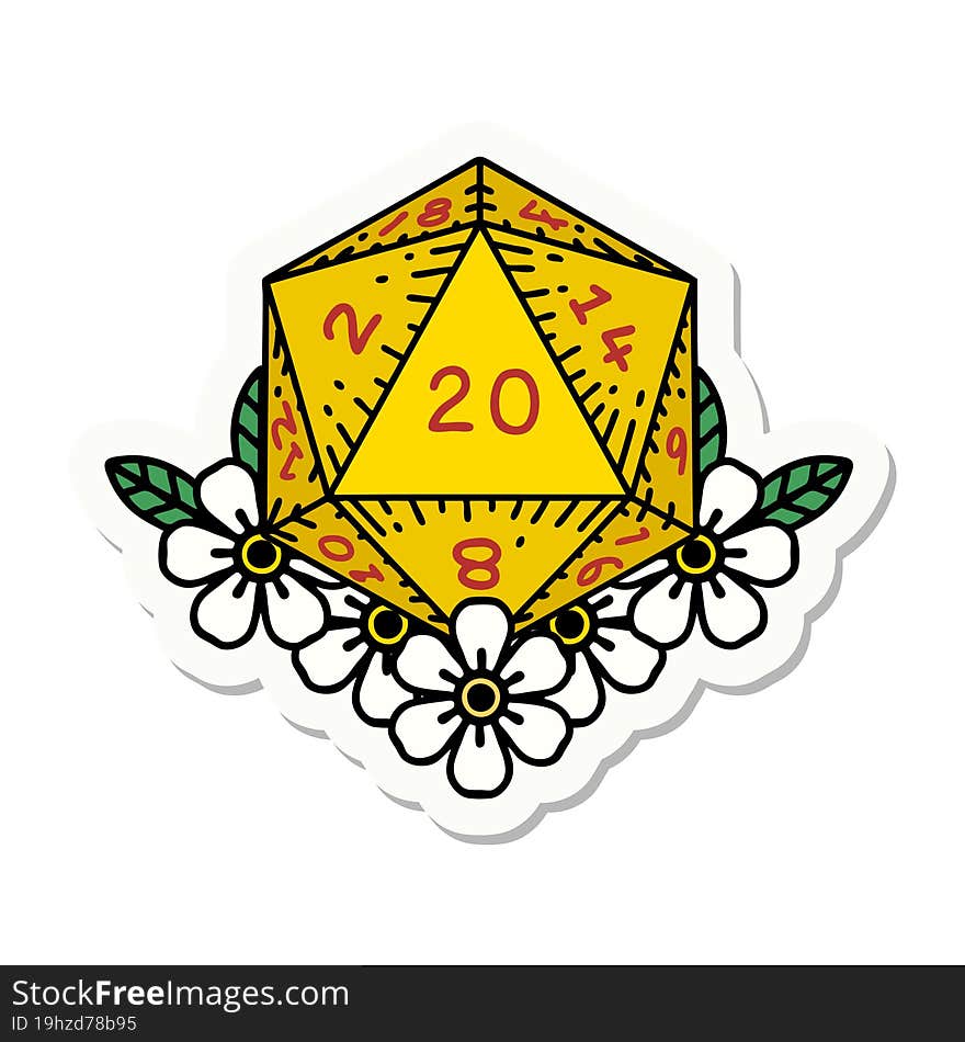 Natural 20 D20 Dice Roll With Floral Elements Sticker