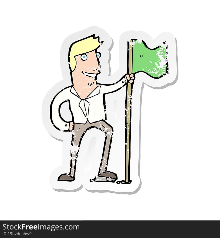 retro distressed sticker of a cartoon man planting flag