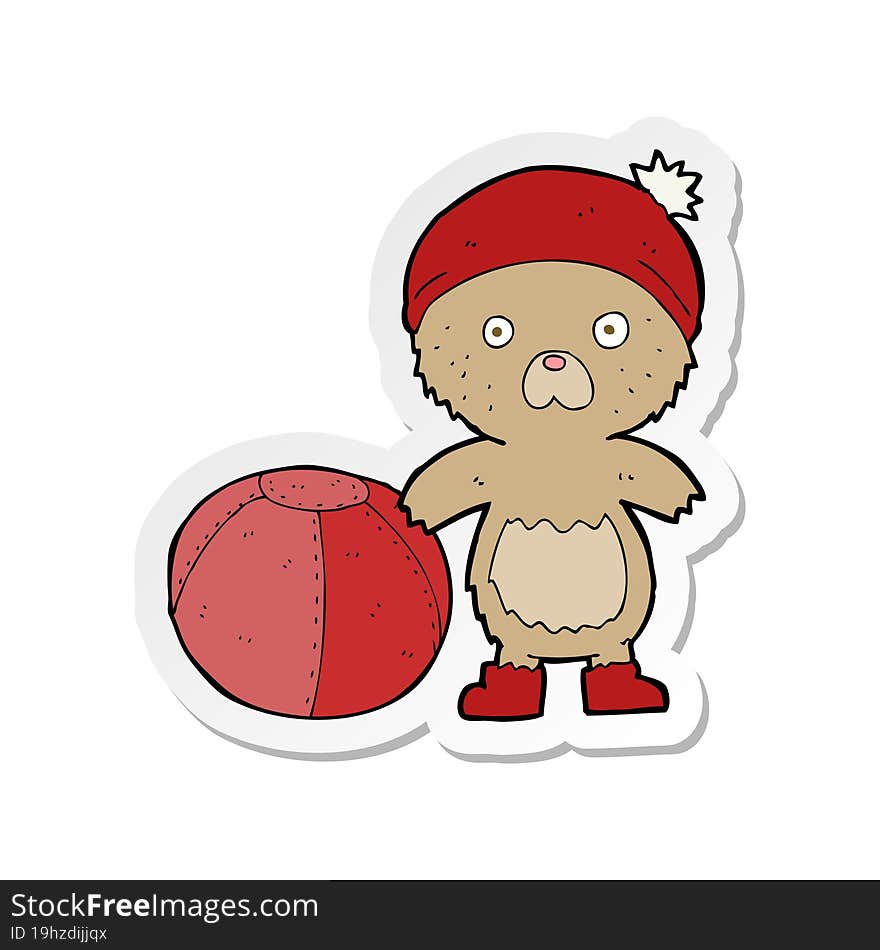 sticker of a cartoon bear in hat with ball