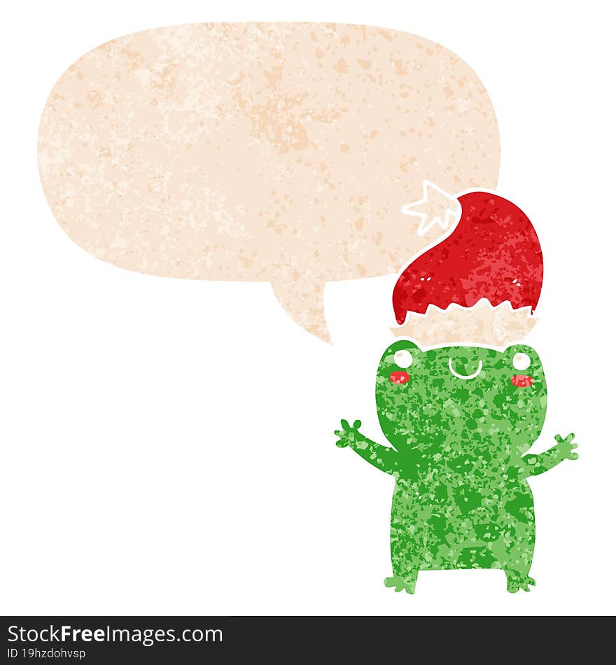 cute christmas frog and speech bubble in retro textured style