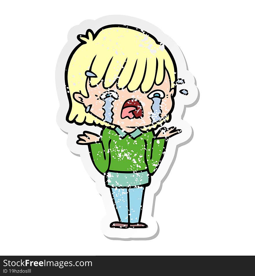 distressed sticker of a cartoon girl crying