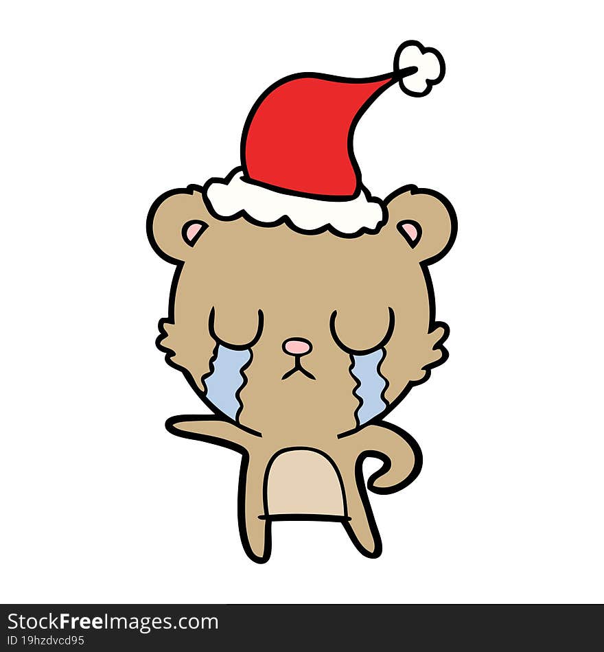 crying line drawing of a bear wearing santa hat