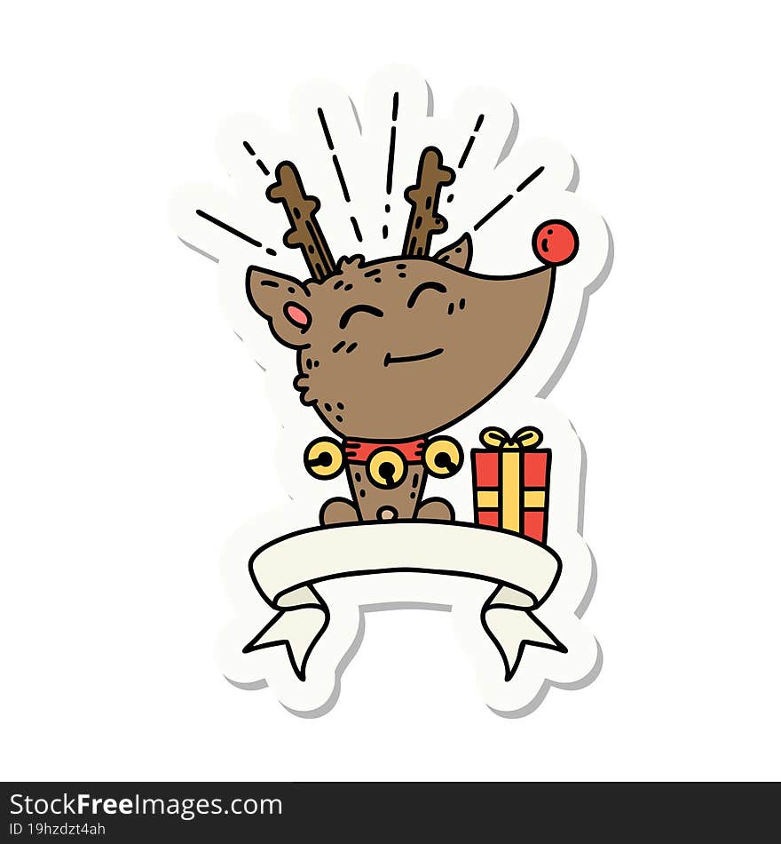 Sticker Of Tattoo Style Christmas Reindeer With Present