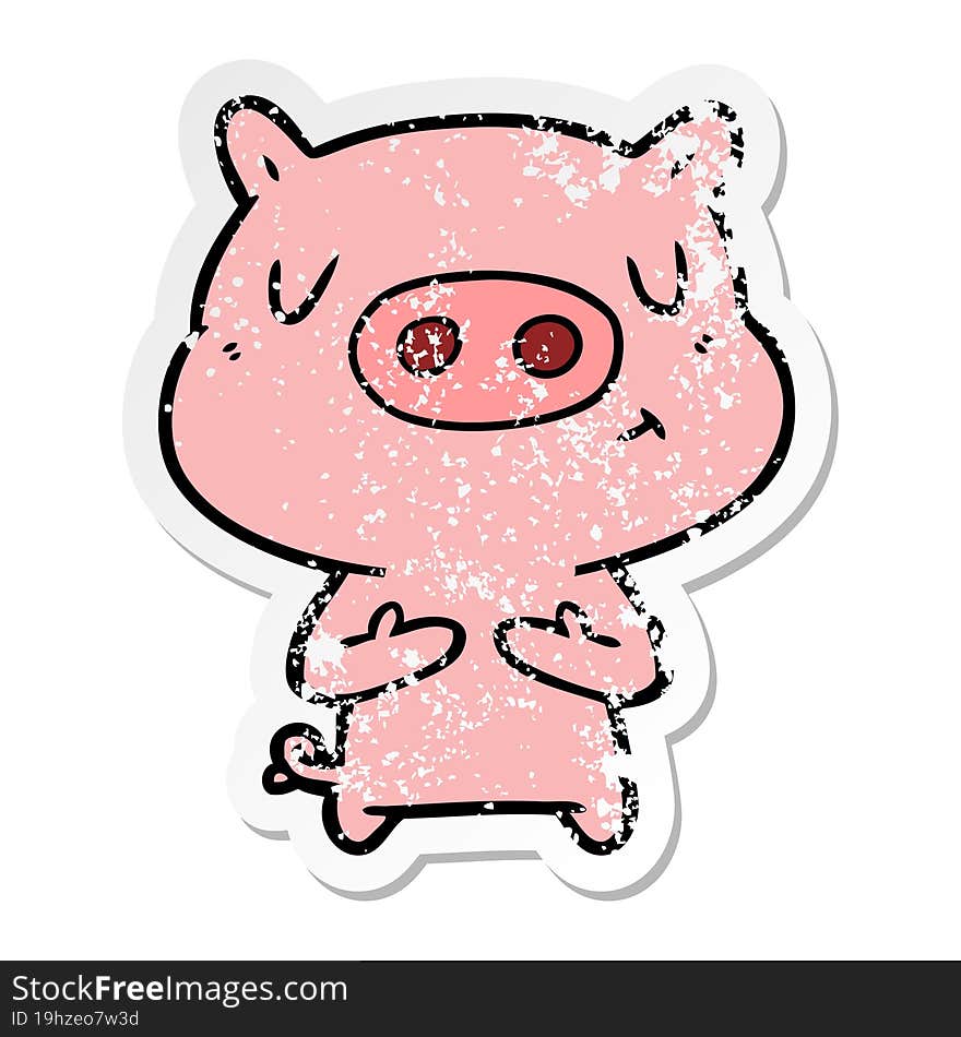 Distressed Sticker Of A Cartoon Content Pig