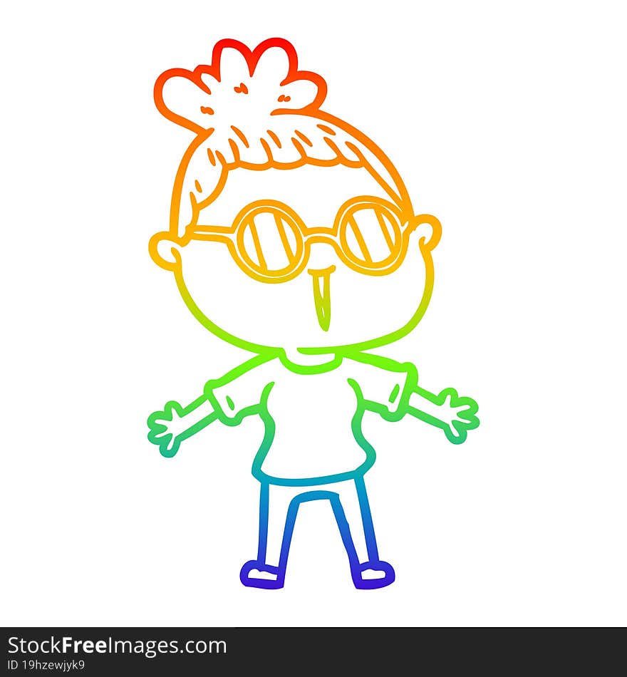 rainbow gradient line drawing of a cartoon woman wearing spectacles