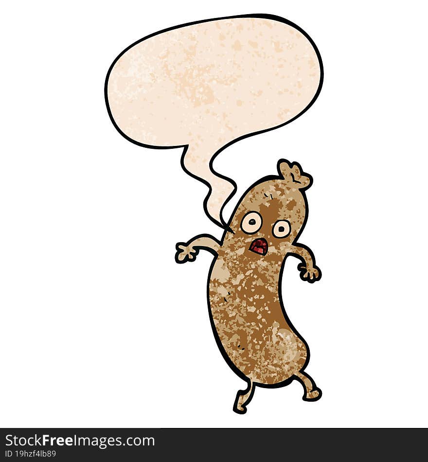 cartoon sausage and speech bubble in retro texture style