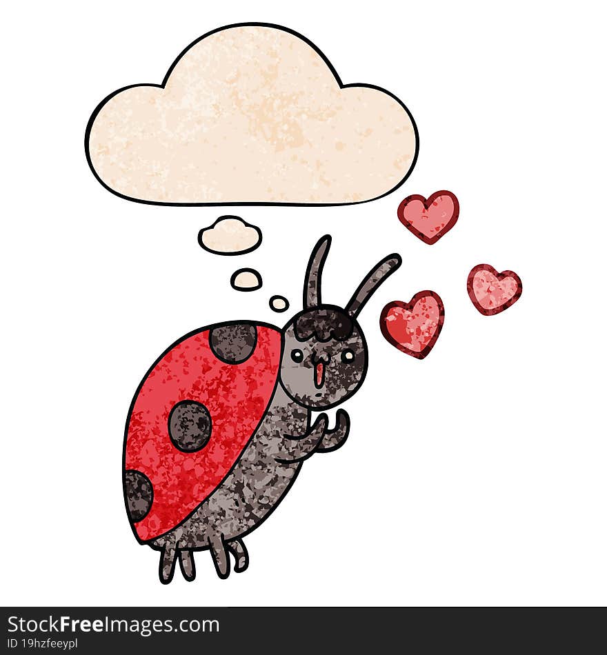 Cute Cartoon Ladybug In Love And Thought Bubble In Grunge Texture Pattern Style