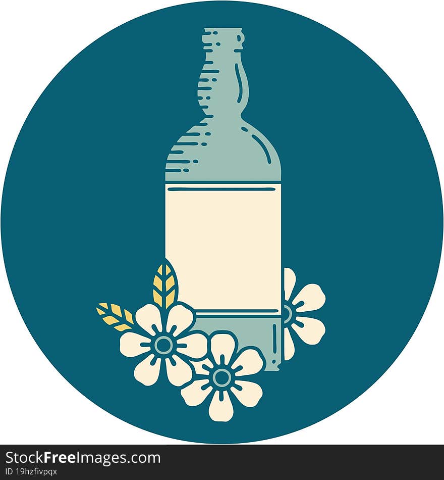 tattoo style icon of a rum bottle and flowers