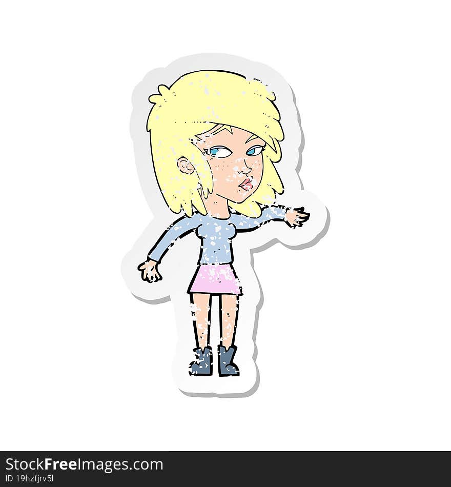 retro distressed sticker of a cartoon woman playing it cool