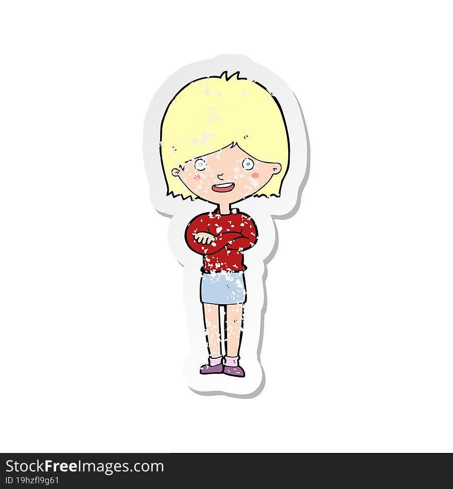 retro distressed sticker of a cartoon happy woman