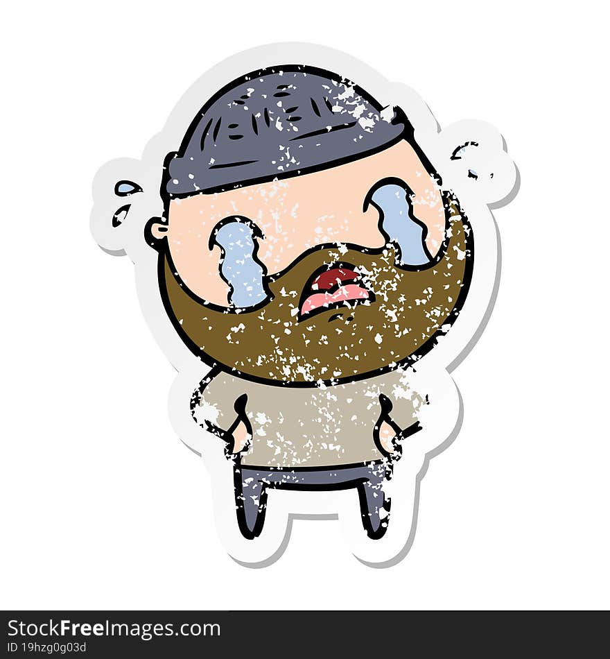 distressed sticker of a cartoon bearded man crying