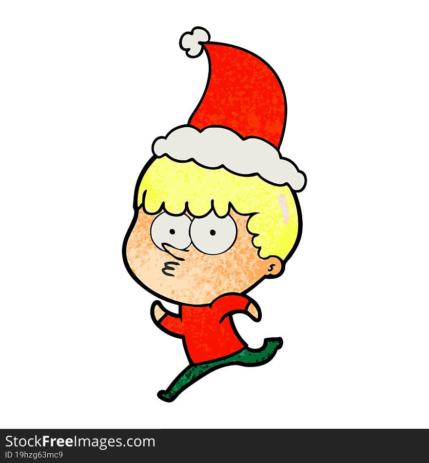 textured cartoon of a curious boy running wearing santa hat