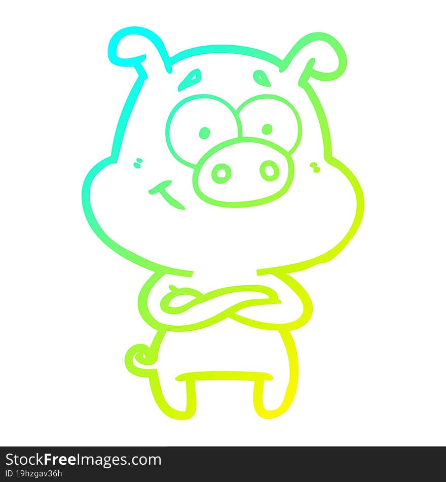 cold gradient line drawing of a happy cartoon pig